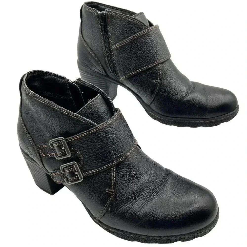 BOC Born Concept Womens10 Brown Pebbled Leather Double Buckle Heeled Zip Bootie